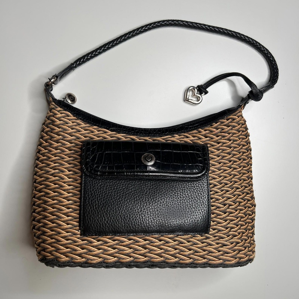Brighton Woven Straw Leather Shoulder Bag Black Tan Croc Embossed Heart Charm